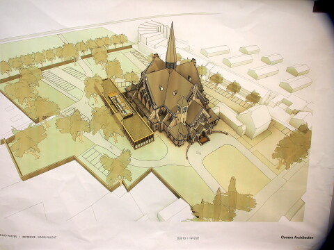 Plaat in de keet van het bouwplan rondom de kerk.
